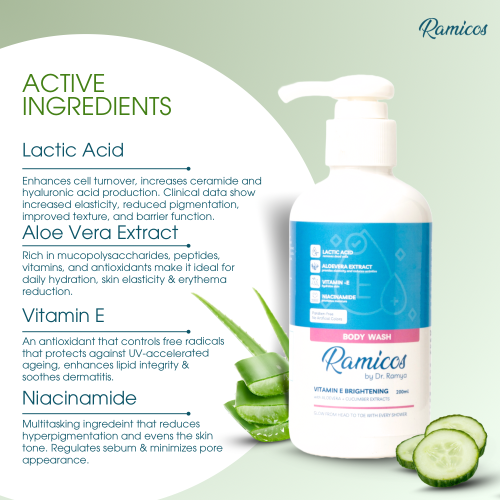 VITAMIN E BRIGHTENING BODY WASH - from Ramicos by Dr. Ramya - 200 ml.